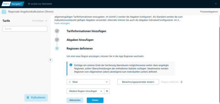 Screenshot der Regionalen Angebotskalkulation (Strom)
